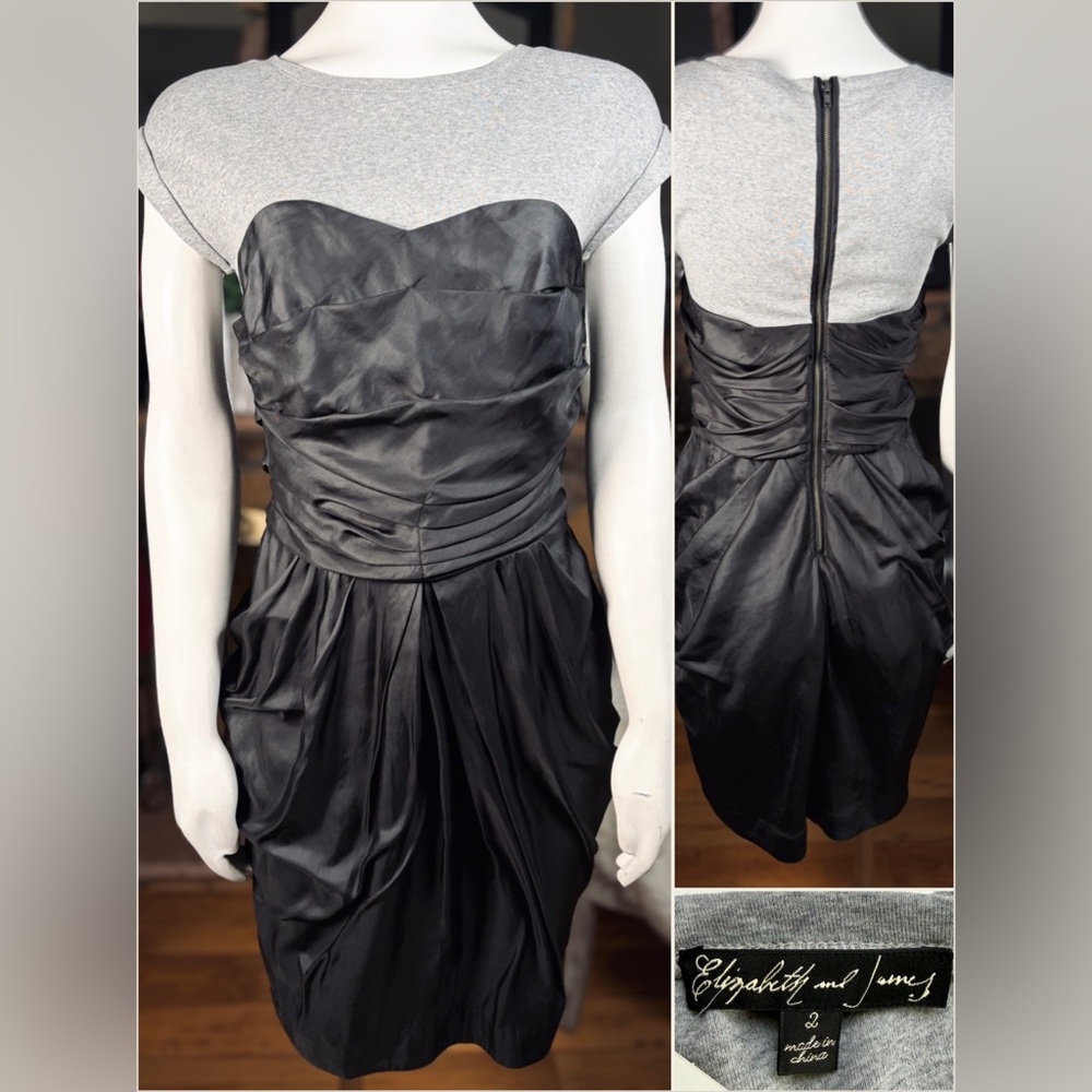 Elizabeth and James Gray & Black Hybrid Ruched Exposed Zipper Party Dress Sz 2